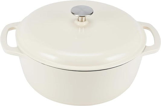 Amazon Basics Cast Iron Dutch Oven Pot with Lid, Enameled, Round, Dual Handles, Heavy-Duty, Small, 4.3-Quart, White