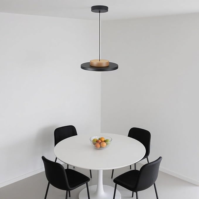 Dimmable Pendant Lights,15 inch,Natural Wood Cap,3000K/Warm White/22W,LED Pendant Light Fixtures for Kitchen, Dining Room, Living Room,Black