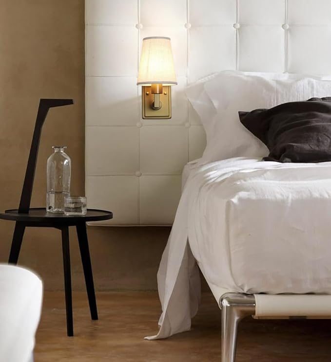 Wall Sconce 1-Light Fixture Antique Finish with Linen Fabric Shade, E26 Hardwired Indoor Wall Light for Vanity Bathroom Living Room Bedside Nightstand Light