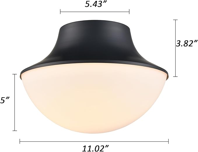 Modern Matte Black Semi Flush Mount Ceiling Light Fixture Industrial Metal Round Bowl Shape Milk Glass Light Fixture Ceiling Mount for Bathroom Bedroom Hallway Office Living Room