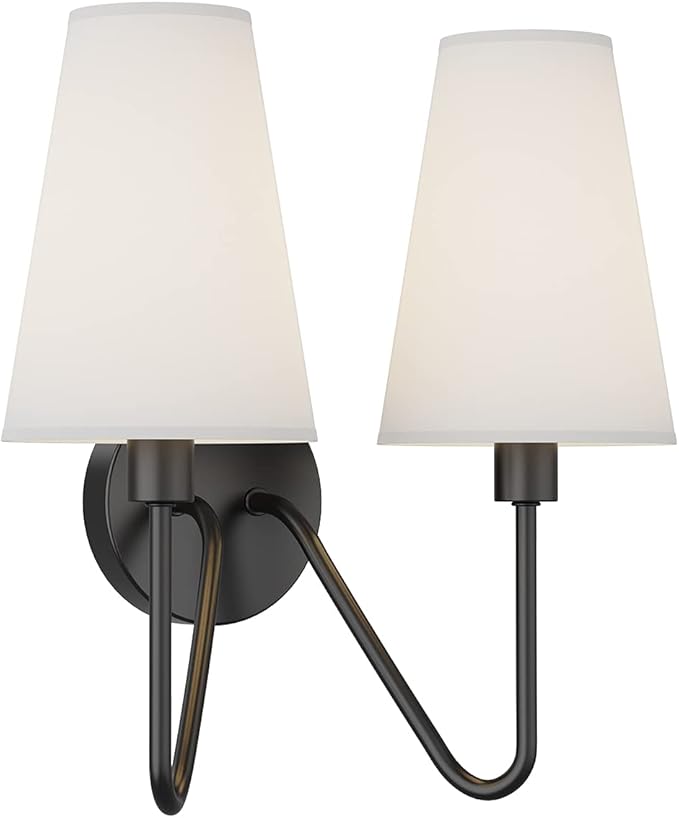 Electro bp;Double Head Classic 2 Lights Wall Sconces Lighting Fixture Black with Cream White Linen Fabric Lamp Shades E12 80W Hardwired;