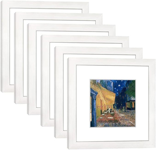 8x8 Picture Frame Set of 6 with Real Glass for Pictures 5x5 with Mat or 8x8 Without Mat, Wall Mounting or Tabletop display Photo Frames in White