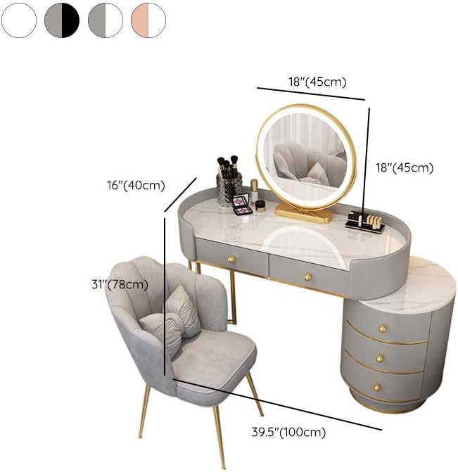 KWOKING Contemporary Make-up Vanity with Slate Stone Top & Storage Drawers Bedroom Dressing Table Storage Cabinet Integrated Table Pink - Makeup Vanity & Mirror & Petal Chair 39" L x 16" W x 31" H