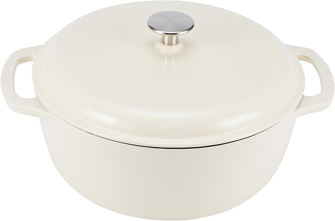 Amazon Basics Cast Iron Dutch Oven Pot with Lid, Enameled, Round, Dual Handles, Heavy-Duty, Medium, 6-Quart, White