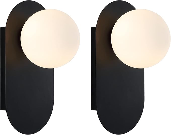 Modern Wall Sconce Set of 2 Matte Black Mid Century Bathroom Vanity Wall Light with White Globe Glass Shade Industrial Wall Lamp Pole Wall Mount Lighting Fixture