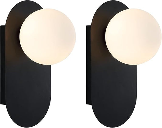 Modern Wall Sconce Set of 2 Matte Black Mid Century Bathroom Vanity Wall Light with White Globe Glass Shade Industrial Wall Lamp Pole Wall Mount Lighting Fixture