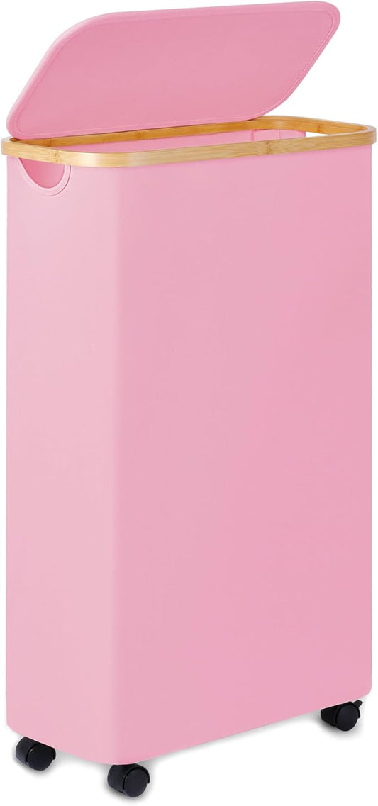 60L Slim Laundry Basket with Wheels,Narrow Hampers for Laundry,Freestanding Laundry Hamper with Lid&Bamboo Handles,Collapsible & Waterproof Tall Cloth Hamper for Dorm Family(Pink)