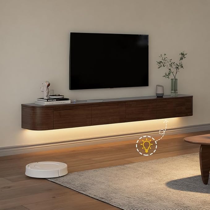 Floating TV Stand,Wall Mounted TV Shelf,Modern Entertainment Center Media Console with Storage for Bedroom,Living Room (Walnut-Led, 70.9IN)