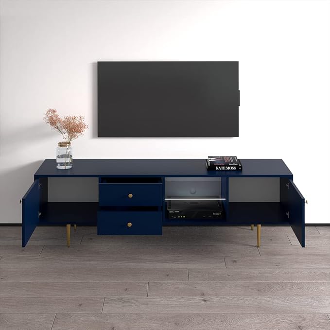 Meble Furniture Rose 01 TV Stand - Floor Standing Modern Rectangular TV Stand with Storage Cabinets - Media Entertainment Center Console Table for TV Up to 80" - Blue