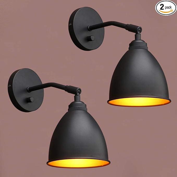 Yosoan Vintage Wall Sconce Bookcase Light, 2-Pack Dimmable On Off Switch Hardwired Industrial Mount Metal Fixture Lighting Lamp with 6.1" Oval Black Metal Shade in-Build Gold Reading Light for Bed