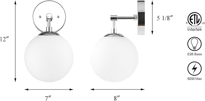 XiNBEi Lighting Globe Wall Sconce Modern 1 Light Chrome Sconce Bathroom Opal Glass Vanity Wall Light Fixture for Bath, Hallway & Bedroom XB-W1211-CH