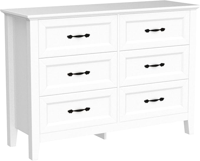 LINSY HOME Dresser for Bedroom, 6 Drawer Dresser with Metal Handles, Chest of Drawers for Living Room, Entryway and Hallway, White