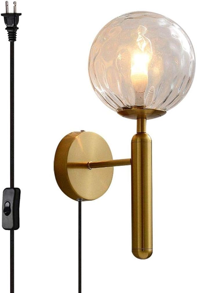 KCO Lighting Plug in Globe Wall Light Vintage Industrial Wall Sconce Lighting Fixture with On/Off Switch, Metal Wall Lamp for Bedroom Living Room Hallway,(Clear Plug in)
