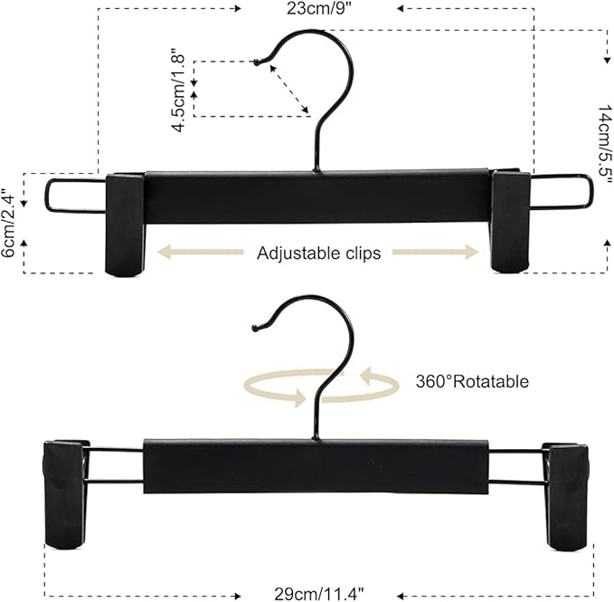 Clothes Pants Hangers, Space-Saving Skirt Holders with 360 ° Swivel Hooks, Adjustable Clips, Trouser Hangers, Clothes Coat Garment Jeans Hangers (20 Pack, Black)