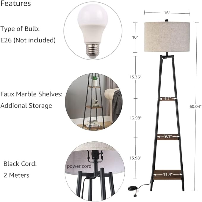 Floor Lamp, Standing Reading Light with Shelves and Fabric Shade, Modern Tall Pole Lamp, Accent Furniture Décor Lighting for Living Room, Bedrooms
