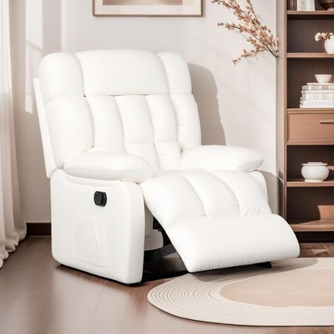 Recliner Chair, Leather Adjustable Recliner with Side Pockets, Living Room Power Reclining Lounge Chair for Adults, Small Spaces Comfy Sofa with Theater Seating for Bedroom, White