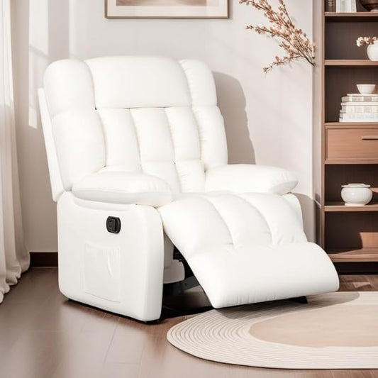 Recliner Chair, Leather Adjustable Recliner with Side Pockets, Living Room Power Reclining Lounge Chair for Adults, Small Spaces Comfy Sofa with Theater Seating for Bedroom, White