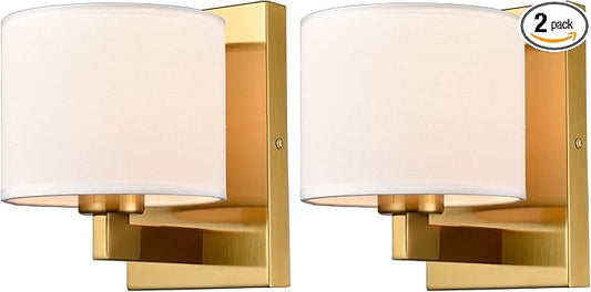 SAMTEEN Gold Wall Sconces Set of Two Mid Century Modern Brass Sconces Wall Lighting with Drum Shade Wall Lamp for Bedroom Hallway Foyer Living Room