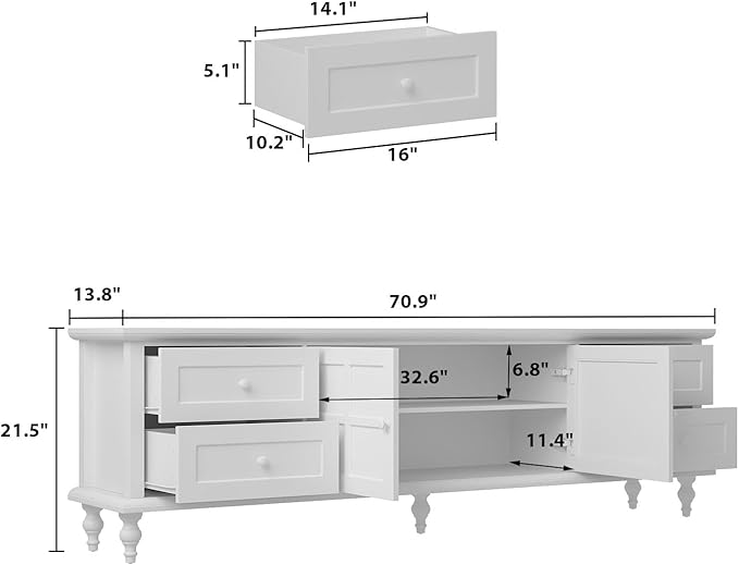 AIEGLE Mid-Century TV Stand for 75+ Inch TVs, 70.9" W Entertainment Center with Glass Doors, 4 Drawers & Cable Management, Media Console Cabinet, Light