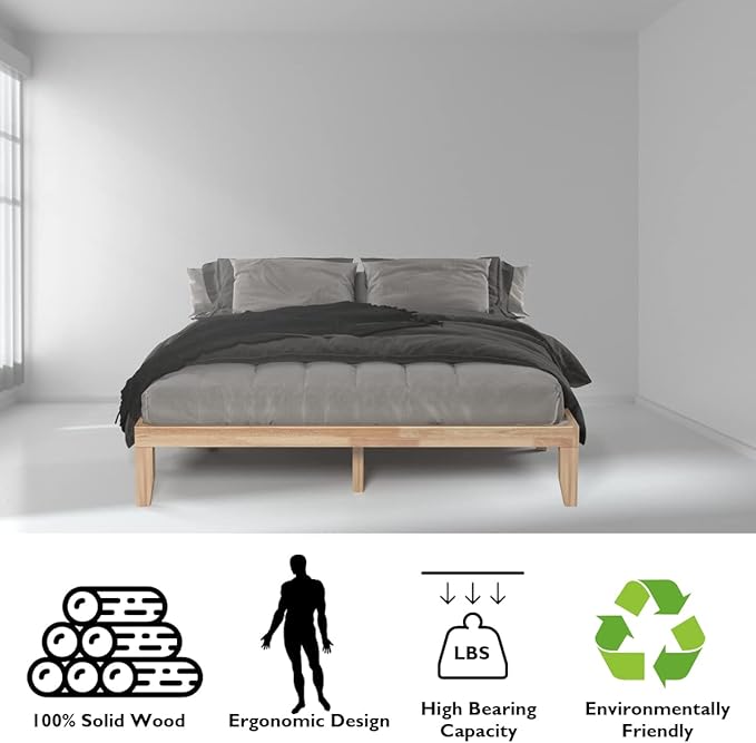 Giantex King Wood Platform Bed Frame, 14 Inch Solid Rubber Wood Mattress Foundation, Heavy Duty Wooden Slats Support, No Box Spring Needed, Easy Assembly, Natural