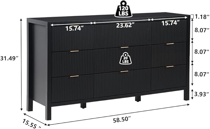 Fluted 9 Drawer TV Stand Dresser for Bedroom, Mid Century Modern Dresser with Drawers, Storage Organizer with 9 Drawers, Fluted Cabinet for Closet Cloth, Living Room, Entryway -Black