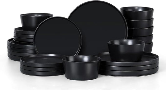 Herogo 24 Pieces Stoneware Dinnerware Set, Service for 8, Dinner Plates and Bowls Sets, Double Reactive Glaze Dishes Set for Kitchen, Scratch Resistant, Dishwasher Safe, Matte Black