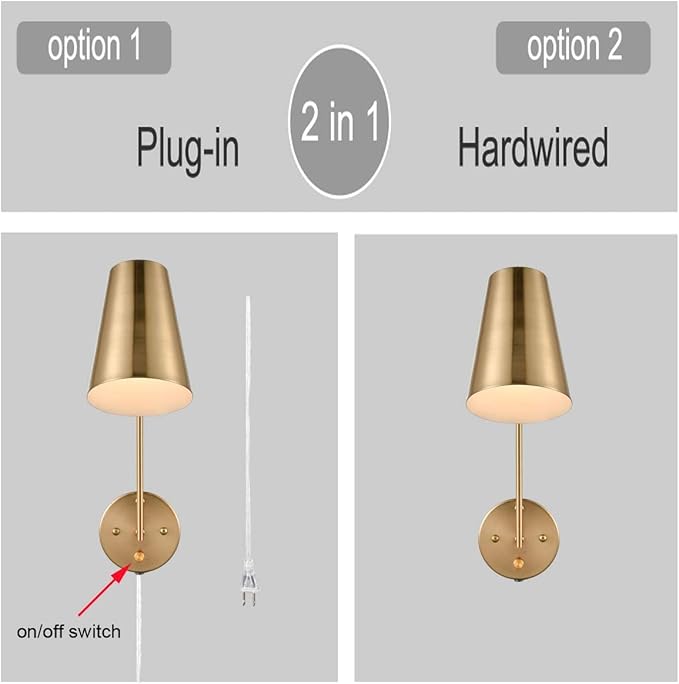 DANXU Modern Plug in Wall Sconce with Cord Set of 2 Gold Wall Light