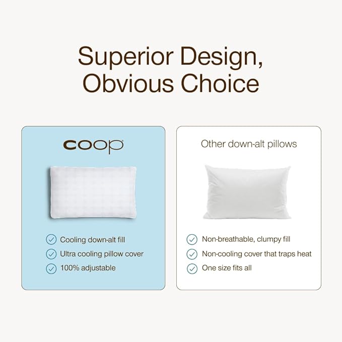 Coop Home Goods Essence Cooling Down Alternative Pillows Set of 2, Queen Size Adjustable Cooling Pillow for Hot Sleepers, Cool-Touch Luxury Hotel Pillows for Stomach, Back, or Side Sleepers 27x17