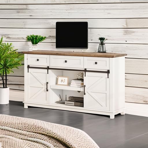 Farmhouse TV Stand with Sliding Barn Door & Drawer, 59" Rustic Entertainment Center for TVs up to 65", Buffet Storage Cabinet for Living Room, Dinning Room, White+Barnwood