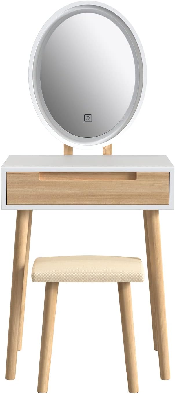 YOURLITE Makeup Vanity Table Set with 3 Modes Adjustable Lighted Mirror Cushioned Stool, Dressing Table for Small Space