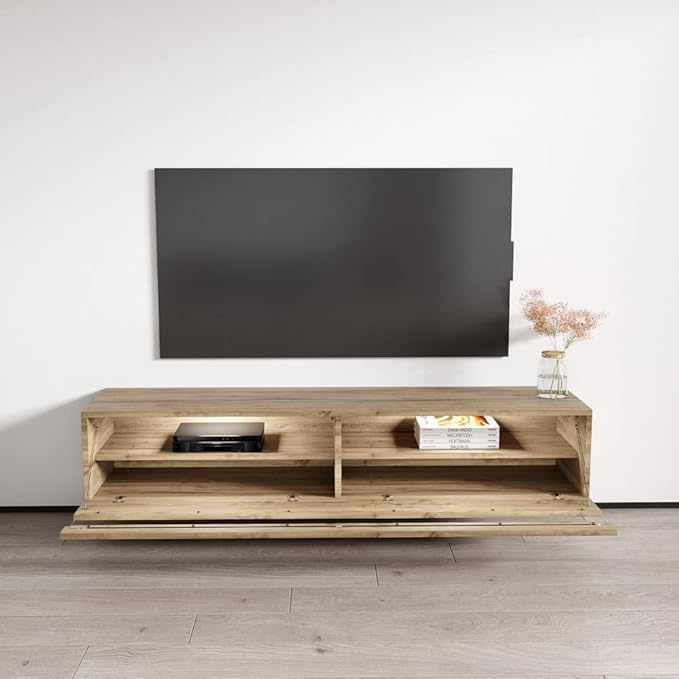 Meble Furniture Fly Type-35 Floating TV Stand - Rectangular Shape Modern High Gloss TV Stand with Storage Cabinets - Media Entertainment Center Console Table for TV Up to 70" - Oak