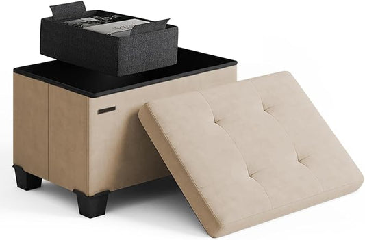 STORAGEBUD Storage Ottoman Cube with Small Bin, 16-in Square Ottoman with Storage for Living Room and Bedroom, Small Ottomans Foot Rest, Velvet Foot Stools Ottomans Max 330lbs, Taupe
