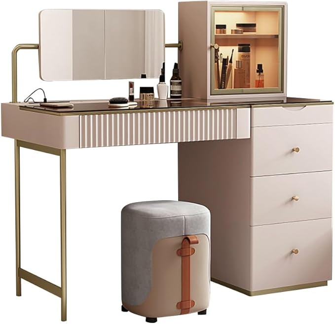 homary Modern Makeup Vanity Set with Charging Station, Makeup Table with 5 Drawers, Jewelry Storage, Vanity Desk with Foldable Mirror, Dressing Table with Stool for Bedroom (Champagne)