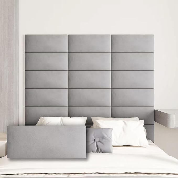 Upholstered Wall Mounted Headboard, 3D Soundproof Wall Panels Peel and Stick Headboard for Queen Size, Tufted, Light Grey (9 Panels, 10" x 24")