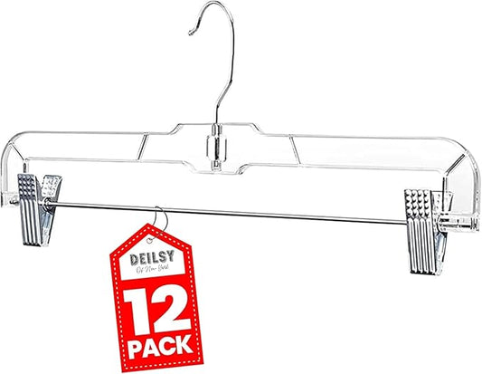 DEILSY™ Skirt Hanger Pants Hangers with Clips Hangers Shorts Hanger Clear Plastic Clothes Hangers with 2-Adjustable Clip Non-Slip Clothes Hangers Perfect for Pant, Pack of 12