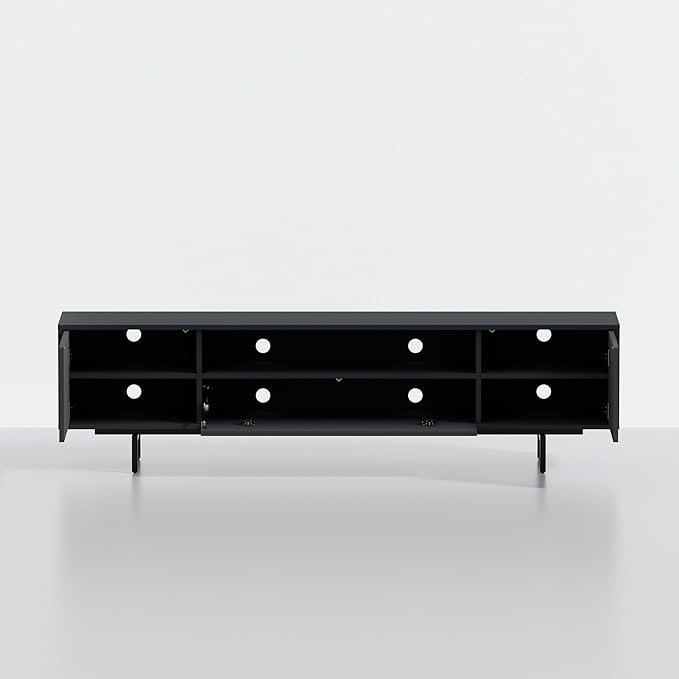 Norrhaus 75-Inch Modern TV Stand – Black Finish, 20-Inch Height, No Tools Assembly Technology, Storage Cabinets with Center Channel Speaker Shelf, Mid-Century Modern Design