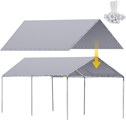 12 x 20 ft Heavy Duty Canopy Replacement Cover Waterproof Carport Garage Car Shelter Tarp Tent for Car Canopy with 50 Ball Bungees, Only Top Cover, Frame is Not Included