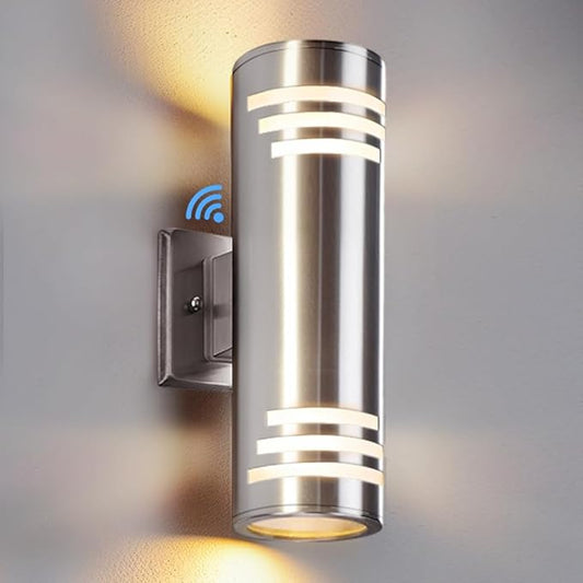 SHIMR Dusk to Dawn Outdoor Wall Light, Exterior Light Fixture Stainless Steel, Outdoor Sconce Lights Cylinder, Waterproof Up and Down Light Wall Mount Electroplated Silverl Finsh, LED Bulbs Include