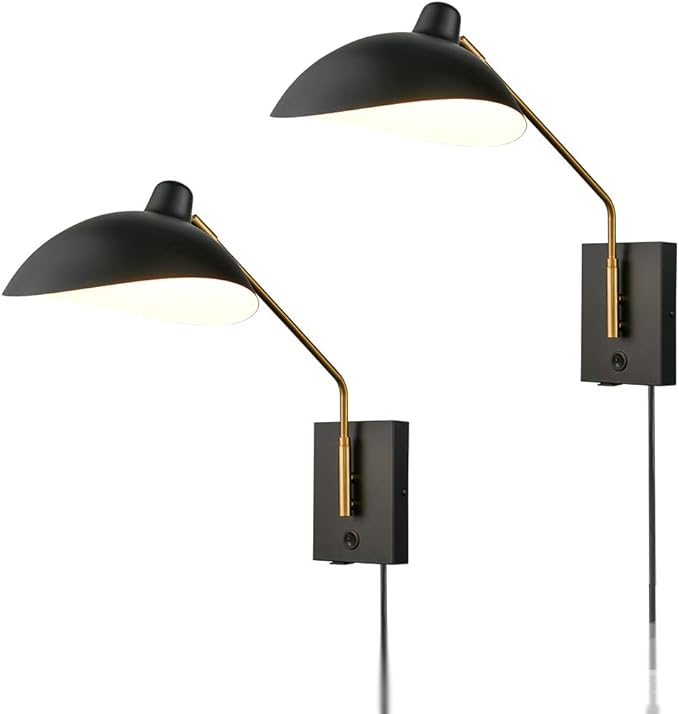 CLAXY Plug in Wall Sconce Swing Arm Bedroom Wall Light Matte Black with USB Charge Port-Set of 2, Plug in or Hardwired Wall Mounted Lights