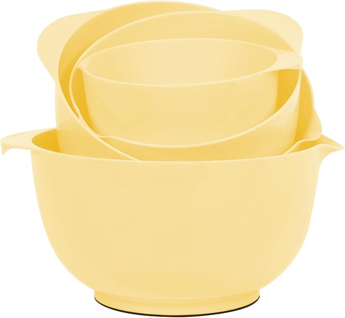 BoxedHome Nesting Plastic Mixing Bowl Set, 4 Piece Mixing Bowl Set with Pour Spouts, Size 1.7, 2.5, 3.5 and 4.5qt, for Prepping, Mixing, Baking, Cooking(2023 New Version, Yellow)
