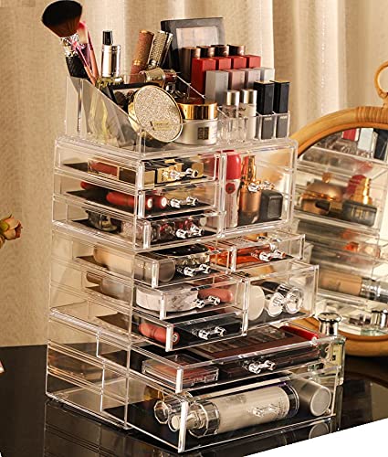 Cq acrylic Clear Makeup Storage Organizer Drawers Skin Care Large Cosmetic Display Cases Stackable Storage Box With 11 Drawers For Dresser 1 Pack