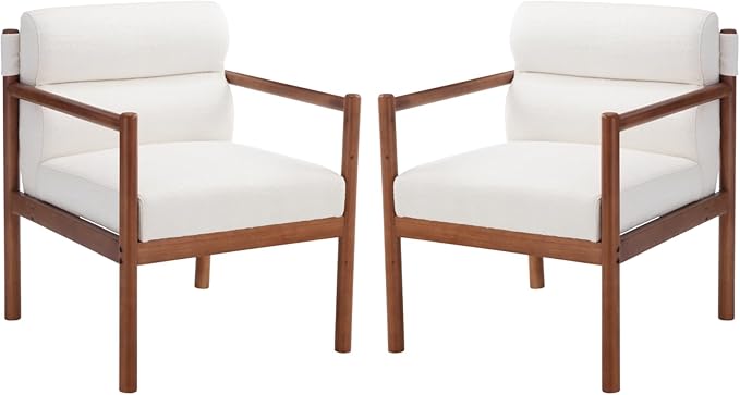 Mid-Century Accent Chairs Set of 2, Modern Linen Fabric Lounger Chairs Upholstered Armchairs with Walnut Wood Frame, Upholstery Back Leisure Chairs for Living Room, Balcony, White