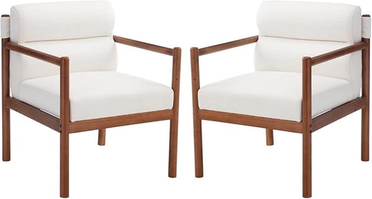 Mid-Century Accent Chairs Set of 2, Modern Linen Fabric Lounger Chairs Upholstered Armchairs with Walnut Wood Frame, Upholstery Back Leisure Chairs for Living Room, Balcony, White