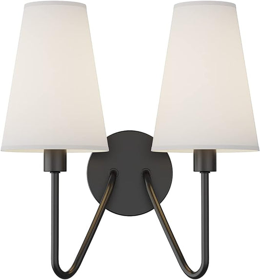 Electro bp;Double Head Classic 2 Lights Wall Sconces Lighting Fixture Black with Cream White Linen Fabric Lamp Shades E12 80W Hardwired;