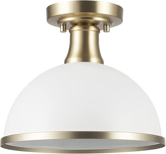 GLOBE Electric 66000037 1-Light Semi-Flush Mount Ceiling Light, Matte White, Brass Accents, Bedroom Lighting Fixtures Ceiling, Dining Room Fixture, Timeless Lighting for Hallway or Dining Room