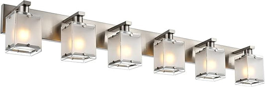 6-Lights Bathroom Vantiy Light Over Mirror, Modern Black Vanity Lighting Fixtures with Rectangular Frosted Glass Shades for Bath Kitchen Wall Mounted, E26 Bulb Base