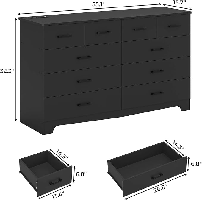 Hasuit 10 Drawer Dresser for Bedroom, Large Chest of Drawers with Charging Station, 55.1'' Wide Storage Clothes Closet Organizer, Long Dresser TV Stand for Living Room, Black