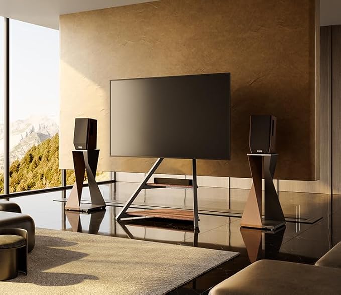 FITUEYES Design Corner TV Stand for 32 43 50 55 65 Inch TVs, Small Spaces Floor TV Stand Rolling TV Cart for LCD/LED Flat Curved Screens, Modern Living Room Television Stands, Eiffel Series, Walnut