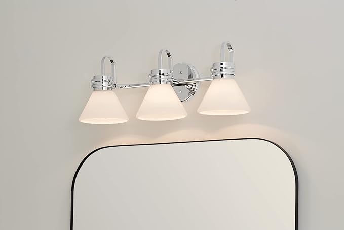 KICHLER Farum 26" 3-Light Vanity Light with Opal Glass in Chrome, for Single or Double Vanity, Over a Mirror, Powder Room, Bathroom, (26" W x 9.5" H), 55155CH