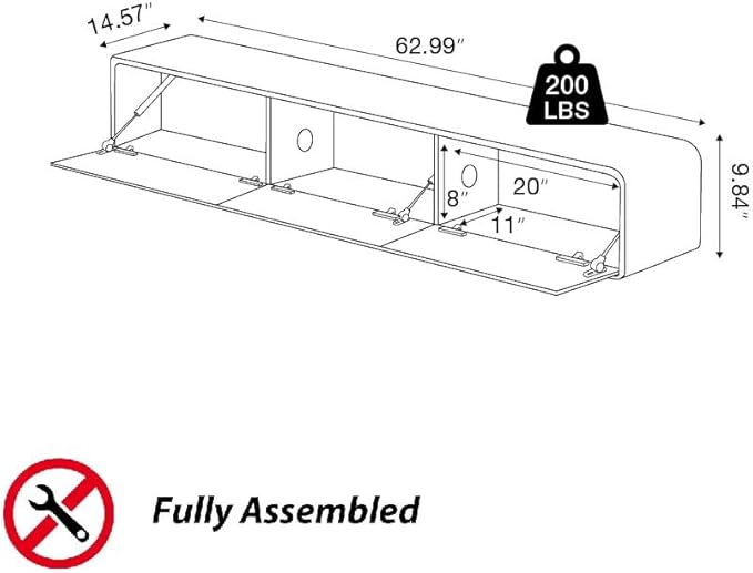 POVISON Fully Assembled Floating TV Stand, 63 inch Modern TV Stand with 3 Flip-Down Cabinet Doors, Black TV Stand, Solid Wood Floating Entertainment Center, Minimalist TV Console